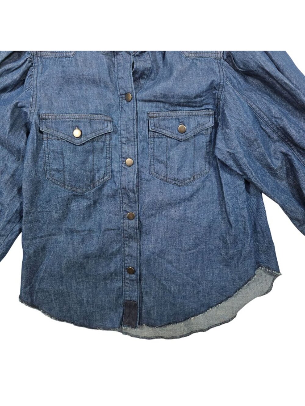 We The Free Women's XS Denim Snap Front Shirt Puff Sleeve Raw Hem Blue Western - Picture 9 of 14